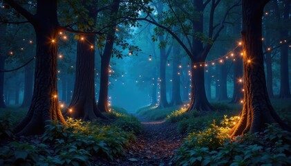 Enchanted forest at night, glowing fairy lights strung between trees, creating a magical ambiance Perfect for fantasy, nature, and whimsical themes , shadows, summer
