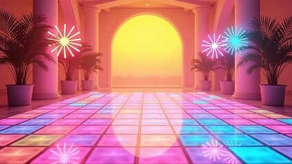 Pink Neon Lights Illuminated Dance Floor Retro Interior Palm Plants