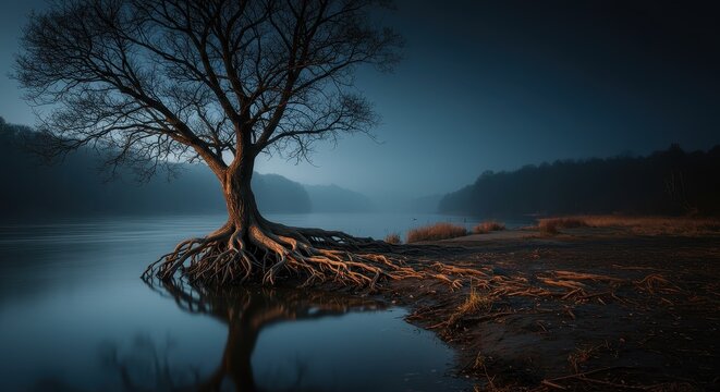 Mystical riverside tree with exposed roots in a serene nocturnal landscape view