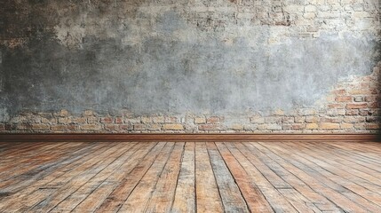 Empty room with weathered wall and wooden floorboards creating a rustic interior.