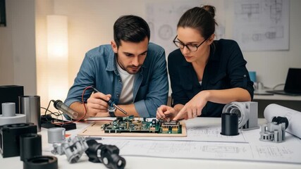 Engineering Duo: Collaborative Circuit Board Design and Soldering in a Modern Tech Workspace for - Powered by Adobe