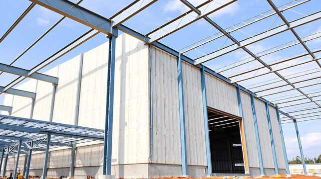 Metal frame of the building with a sandwich panel of insulation on the wall. Construction of a new industrial building.