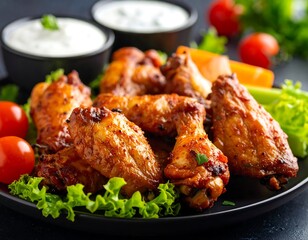 Fototapeta premium Crispy chicken wings with dipping sauces and vegetables