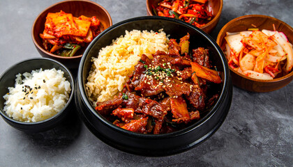 Traditional Korean bulgogi served in a rustic black stone bowl with side dishes (banchan) and steamed rice, natural daylight, shallow depth of field, candid composition, hyper-realistic