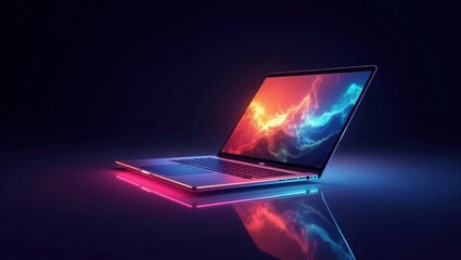 Sleek Silver Laptop Neon Pink Blue Abstract Screen