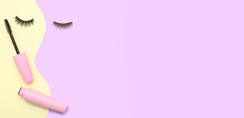 Mascara and fake eyelashes on color background with space for text