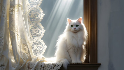 Elegant long-haired white cat with striking green eyes, sitting serenely on a windowsill as beautiful sunbeams stream through the window.
