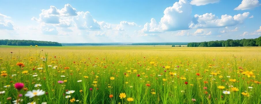 Vast expanse of tallgrass prairie swaying gently in the breeze, wildflowers blooming in vibrant colors under a bright summer sky A peaceful, untouched landscape , sky, blue