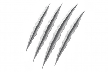 Realistic deep claw scratches ripping through transparent surface, revealing dramatic textured damage mark