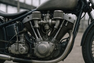 Obraz premium Close-up of a Classic Motorcycle Engine: Vintage Design and Mechanical Detail for Automotive Enthusiasts