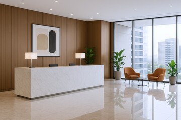 Modern Office Reception Area with Marble Counter, Stylish Furniture, and Large Windows, Creating an Inviting Atmosphere