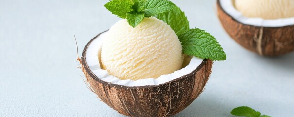 Creamy coconut ice cream served in coconut shell, garnished with fresh mint leaves, creating refreshing and tropical dessert experience