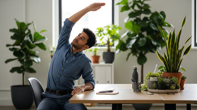 Young Businessman Stretching at His Desk in Modern Office Filled with Plants - Powered by Adobe
