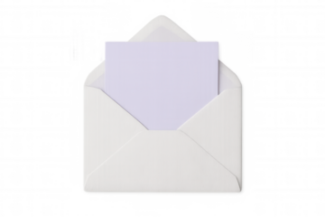 White envelope revealing purple blank card, isolated against transparent backdrop, ready for personalized messaging