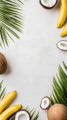 Fresh tropical fruits and green palm leaves create vibrant and inviting composition. Bananas and coconuts are arranged artistically, evoking sense of summer and relaxation