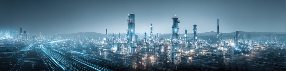 Obraz premium Futuristic industrial cityscape with illuminated structures and light trails against a twilight sky