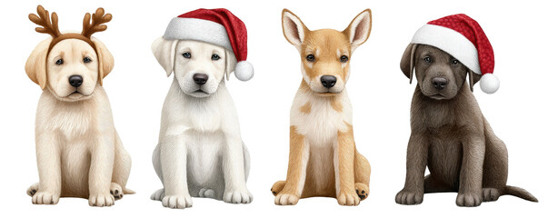 Obraz premium Christmas puppies isolated on transparent background with festive hats and antlers