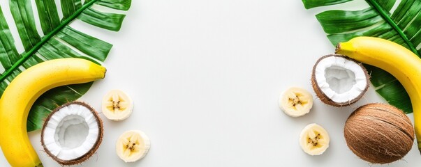 Fresh bananas and coconuts arranged with tropical leaves create vibrant and inviting composition. bright yellow bananas contrast beautifully with brown coconuts and green foliage, evoking sense