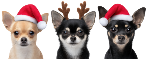 Christmas Chihuahua dog wearing Santa hat and reindeer antlers isolated on transparent background