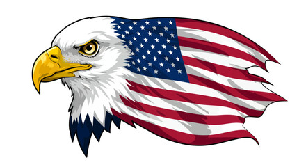A majestic American bald eagle vector illustration, featuring the stars and stripes of the US flag, ideal for patriotic designs and national symbols.