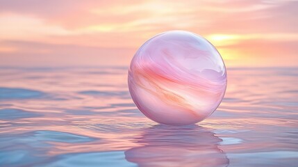 Sphere on water surface reflecting sunset sky with pink and orange hues.