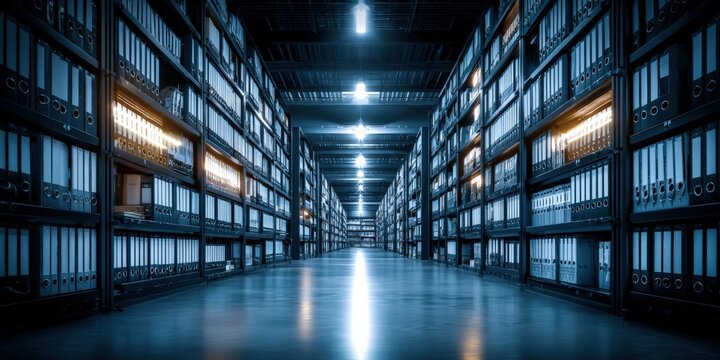 Long aisle of shelves filled with folders in a large archive or records storage facility