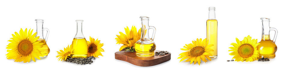 Group of bottles with fresh sunflower oil on white background