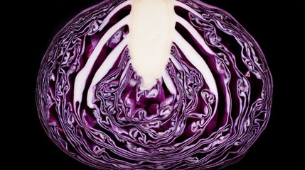 Obraz premium Cross Section of a Vibrant Red Cabbage Head Displaying Intricate Layers and Textures on Black Background