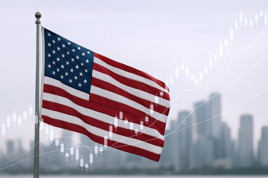 American Flag Waving with Financial Chart Overlay, Representing Economy, Investment, and Market Trends in the USA - Powered by Adobe