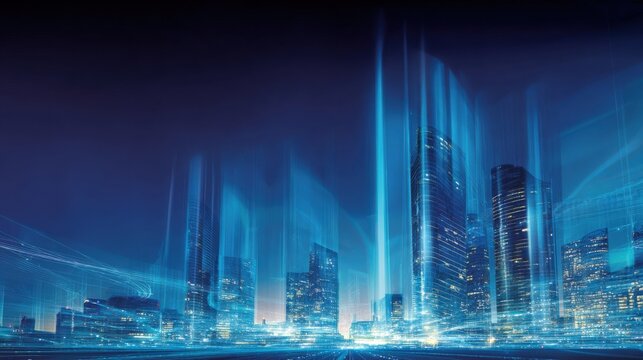 Futuristic Cityscape with Digital Network, Abstract Urban Technology, and Glowing Connections in Blue Tones