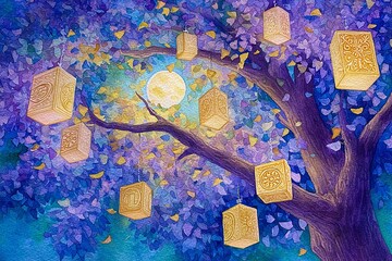 ÁRVORE ILUMINADA COM LANTERNAS NOTURNAS