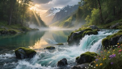 Fototapeta premium Serene Mountain Lake with Cascading Waterfall and Sunlit Forest Reflections landscape