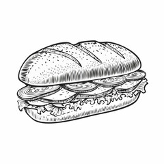 Submarine sandwich vintage engraving sketch illustration with detailed retro line art of the classic layered deli sub, perfect for culinary themes, street food designs, vintage food prints,