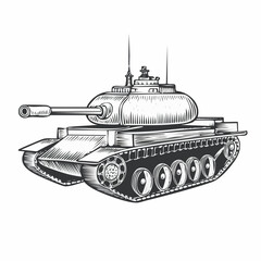 Tank vintage engraving sketch illustration with detailed retro line art of the armored military vehicle, perfect for war history themes, defense designs, vintage machinery prints, 
