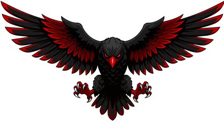 Powerful black eagle with striking red accents spreads its wings, showcasing sharp talons and an intense gaze, ready to soar.