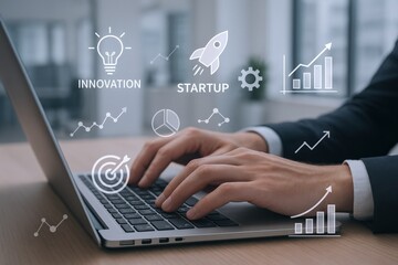 Business Professional Typing on Laptop with Innovation, Startup, and Growth Icons Overlayed for Financial Success