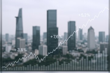 Fototapeta premium Financial Growth Chart Overlaying a Modern Cityscape: Business Expansion and Investment Opportunities Visualized