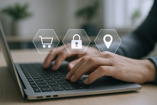 Secure Online Shopping Experience: Person Typing on Laptop with Security Icons Overlayed for E-commerce Trust