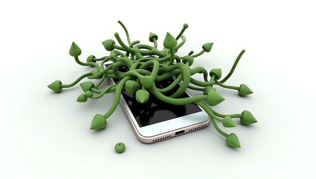 A minimalist 3D render of a smartphone growing tangled vines, symbolizing digital addiction overtaking nature, placed on a plain white background.
