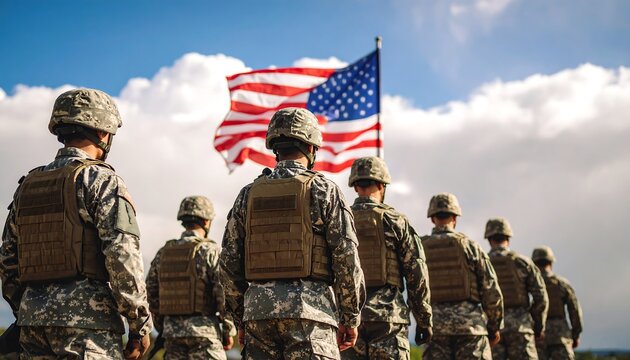 Soldiers standing at attention, American flag in background