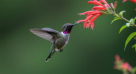 A vibrant hummingbird gracefully hovers, wings blurring in motion, as it sips nectar from brilliant red flowers, showcasing iridescent plumage against a soft green natural backdrop.