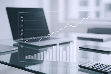 Financial Growth Concept Displayed Over a Modern Office Workspace with Laptop and Calculator