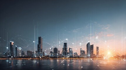 Obraz premium Modern Cityscape at Night with Digital Network Overlay, Representing Connectivity, Technology, and Global Communication