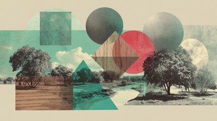 Vintage risograph collage of summer landscape, pastel halftone, geometric shapes, abstract grain texture. High quality