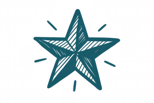 Teal hand-drawn star glowing with subtle shading, radiating soft lines against transparent backdrop