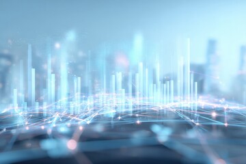 Abstract Digital Landscape with Glowing Lines and Bars, Representing Data, Technology, and Connectivity in a Modern City