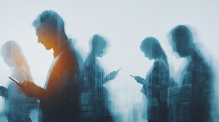 Digital Age: Group of People Using Smartphones with Abstract City Overlay, Connecting and Communicating in Modern Society