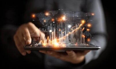 Person Holding Tablet with Digital Financial Growth Chart and World Map Overlay, Representing Business Development