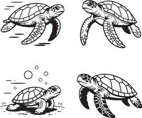 Fototapeta premium Turtles Swimming and Diving in Water Black and White Illustrations