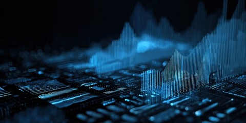 Abstract technological landscape with data charts, dark blue tones, for IT solutions and business intelligence.